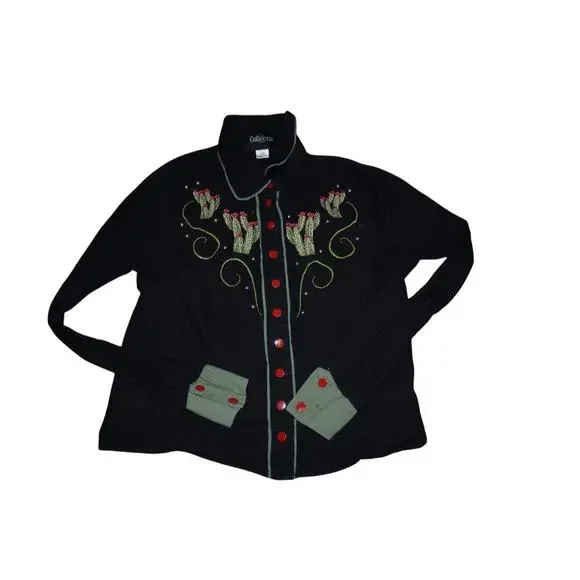 Collectif London Western Cactus Embroidered Shirt Black Red Buttons Size S UK 10 - Picture 7 of 12